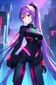 Placeholder: girl, masterpiece, best quality, cinematic lighting, detailed outfit, perfect eyes, purple hair, red eyes, long hair, ponytail, A girl standing in a modern city, anime style, with neon lighting, detailed facial features, long hair, and a futuristic sci-fi wardrobe, surrounded by cyberpunk buildings and machines, painted in a vibrant and bright color palette, with a sharp focus and depth of field, and a cinematic environment, inspired by the works of Studio Ghibli and Makoto Shinkai