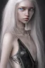 Placeholder: A beautiful young woman with long white hair and blue eyes, pale skin with opal freckles. Wearing a black dress