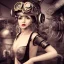 Placeholder: great illustrator, spanish, realistic rendering of a cute girl, beautiful, steampunk syle, black and white. Helmet with tubes. mask. Machinery in the background. robotic bird fkying. High details. 4k. unreal engine