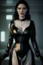 Placeholder: portrait beautiful mature witch in black leather gown in a dungeon, cleavage, sci-fi fantasy style, 8k,dark