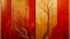 Placeholder: Diptych painting, two vertical panels, rich crimson red background. Abstract landscape, divided into sections with muted gold/tan elements. Vertical, dark, stylized tree forms dominate each panel, with varied brushstrokes creating texture. Small, realistic pears are placed on the lower right panel. One panel includes an abstract bird’s nest, a central light ochre area. Faint shapes resembling silhouettes of hills or mountains are seen in two upper sections. Soft, diffused light suggests a contem