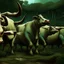 Placeholder: far in the distance five big crepy-cute weird creatures stand on four legs on eart , on tube heads is one giant eye , gray-white-pale blue color skin, with big cow udders on the belly between their legs,, without ears ,peacefully grazing the grass, background is a jungle, rain, detailed, sci-fi, fantasy, cinematic