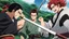 Placeholder: yujiro hanma vs yoriichi tsugukuni, baki vs kimetsu no yaiba, two mans standing in front of each other, a big strong man in black shirt with red hair and evil grin in battle stance facing a smaller feminine swordsman with long hair and calm face reaching for his sword in traditional japanese clothes both preparing to fight each other