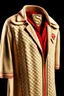 Placeholder: Men's Superman's Gucci Winter coat elegant inspired by Superman's emblem design beige tones with dual color on a white background, product catalog photography, soft spot lighting, depth of field, 4k –ar 3:5 –q 2