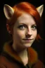 Placeholder: A young woman with very short red hair, gold eyes, large fox ears, slight smile, pale skin