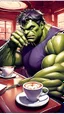 Placeholder: Artgerm, hulk sitting at a cosy diner, having a coffee, vain attitute, serenity, detailed, 8k, q2