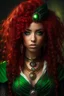 Placeholder: 26-year-old mulatto sorceress, green eyes, wavy blood red hair, dressed in steampunk style