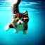 Placeholder: Cute fluffy kitty diving underwater in an ocean, lots of fishes, gorgeous light shafts, beautiful, colorful, happy