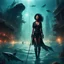 Placeholder: SHARON WHITE a fishing rod in hand, stands in murky waters of a post-apocalyptic underwater city. surreal scene , dreamlike, metropolis submerged in chaos , blood and danger. in the sunsets she stands with a fierce sense of power, surrounded by circling sharks. The sharks' teeth moving in the light, add to the tension. weirder the better. Bigger monsters. Stronger hero