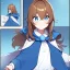 Placeholder: Clear focus, High resolution, A anime kid, cute, rough line skecth, star around kid, sparkling eyes, medium fluffy brown hair, blue sparkling eyes, 1girl (solo), wearing a blue snow cloak and a white shirt, comic with 1girl (solo), winter background, dialoge