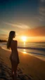 Placeholder: A beautiful naked girl on the beach sound looking to sunset