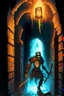 Placeholder: A frightening castle dungeon hallway with a skeleton warrior in rusty chainmail holding a burning torch painterly rpg art