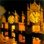 Placeholder: A yellow glowing ruins with clocks in a thunderstorm painted by Piet Mondrian