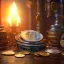 Placeholder: dynamic lighting, Intricately detailed, Splash screen art, deep color, Unreal Engine, volumetric lighting, silver coins, pile of coins, pirate treasure, stacked coins, indoors, candle, altar,