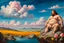 Placeholder: a handsome, fat man with a well-groomed, bearded face and long, curly hair. He is sitting naked on a rock, surrounded by a picturesque valley adorned with pink and yellow rose flowers. The spring sky above is adorned with breathtakingly beautiful clouds. like oil painting 19th century