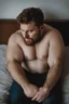 Placeholder: full figure photography, chubby, 35mm lens, burly italan man short hair, 27 years old lying in bed , red beard, with hands behind the head, hairy armpits, manly armpits, ugly and dirty, manly chest, hairy chest, big shoulders, muscular chubby, manly chest, shirtless, with bulging unbuttoned boxer, sad eyes, photorealistic , dim side light, ambient occlusion, in the dark , aerial view