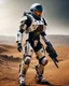 Placeholder: full length photography full body of a futuristic combatan astronauts cyborg with enhanced mechanical, equipped with advanced weaponry next-generation,technology,on dramatic action battlefield on the dune planet mars