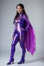 Placeholder: "Artistic photography (((FULL BODY from HEAD TO TOE + profile))), She is a Pleiadian woman with large bright almond-shaped eyes, she is beautiful and smiling, with indigo-purple blue skin, Asian style 40 years old, wearing a one-piece iridescent shimmering skintight spacesuit with gold designs down to her feet, she has pointed shoulder pads and a large high collar, a small cape, and skintight ankle boots the color of her suit with flat heels.