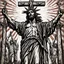 Placeholder: crucified on the cross christ liberty hybrid tone, american flag robes, line tone ,woodcut, engraved, wall street journal style, statue of cruicified Jesus of Liberty with a beard and wearing a cross and hanging from a cross, The statue male, hyperdetailed intricately detailed photoillustration ink drawing dystopian 8k resolution entire body of the statue is in the picture. digital illustration telephoto lens photography , same colors as the us treasury's one dollar bill, crucified"