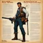 Placeholder: character concept sheet with AD&D statistics and characteristics, [high res photo by Norman Rockwell for Beyond the Supernatural] the jump with one gun in each hand iconic scene by John Woo (A Better Tomorrow, The Killer, Hard-Boiled)