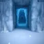 Placeholder: ethereal winter flowers, carved ice door at the end of ice steps, magical atmosphere, Beardsley, Unreal render, cinematic blue