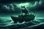 Placeholder: A giant lumbering grey wolf attacks a tiny boat in a stormy sea, a dark, ominous image, black, turquoise (a little closer to green) and white colours, rain, wind, lightning, dynamic, surreal. And a cat. Definitely a cat.