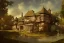 Placeholder: portrait of a tudor manor house on a street, fishpond architecture, highly detailed, blue sky, cinematic lighting, digital art painting by greg rutkowski