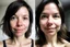 Placeholder: A selfie of a brunette woman, middle short hair, showing a 27-year-old European woman. She has white skin, tousled brown hair, face without makeup, big round dark brown eyes, cute profiled nose, detailed full lips, skin texture. Split screen and show the same face but 15 years older