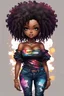 Placeholder: create a colorful abstract silhouette art image 8k of a chibi curvy black female wearing torn jeans pants and a black tie dye off the shoulder blouse. Prominent make up with hazel eyes. Highly detailed long tight curly afro in a hair wrap.