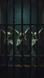 Placeholder: Bosch painting style nightmares, three angels locked behind bars , in dark prison environment with dim lights like 1800 prisons .