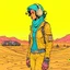 Placeholder: Moebius style scifi pilot girl with headphones and exosuit solid colors with a desert and dusty station in the background