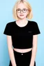 Placeholder: a cute white girl with a black shirt with blond hair and glasses
