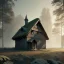 Placeholder: Abandoned attic simple modern concrete house,in the forest, brick walls, highly detailed, hill in the background, two small windows on the front wall, with roof, concept art by Greg Rutkowski