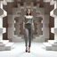 Placeholder: picture of lady with a top and pants style design posing in a 3d recursive structures stage fractal like.