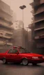 Placeholder: A 1990s car standing in front of a red traffic light, empty street, Cairo, 1990s, night time, rain, winter, movie scene Nick Harris style