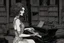 Placeholder: scarred cyberpunk vampire girl with tribal tattoos short curly dark cyberpunk hair playing a grand piano in the library of a decaying gothic mansion at midnight