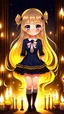 Placeholder: 1 girl, chibi, cute, white skin, hand is wearing socks, HDR, UHD, 8K, best quality, masterpiece, Cinematic Lightin, slender, fashion style, Mashort eyebrows, black eyes, devil pupils, parted lips, smile, swept bang, braid, very long hair, light yellow hair, stockings, high heels, tiara, long dress