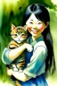 Placeholder: A cute smiling asian girl is holding a kitten. Watercolour