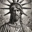 Placeholder: line tone, woodcut, engraved, wall street journal style, statue of cruicified Jesus of Liberty with a beard and wearing a cross and hanging from a cross, The statue male, hyperdetailed intricately detailed photoillustration ink drawing dystopian 8k resolution entire body of the statue is in the picture. digital illustration telephoto lens photography , same colors as the us treasury's one dollar bill, crucified"