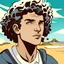 Placeholder: curly hair boy surfing with a cigarette in hist mouth, cartoonized, plano geral