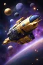 Placeholder: defence spacecraft in gold, silver, black, blue, purple, background space, stars, planets, nebulas