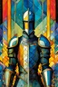 Placeholder: Create a chaotic abstract cubist Tarot Card depicting The Knight of Swords , with highly detailed facial features, in the style of Bill Sienkiewicz, Philippe Druillet, Gustav Klimt, and Jean Giraud Moebius, precisely drawn, colored and inked, with ornate bordered edges