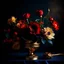 Placeholder: Flowers in midnight blue flowers, red flowers and green leaves in a gold vase. Light background