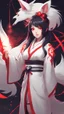 Placeholder: A close hot picture of Ahri with black hair and white Japanese Clothes with red details and nine White fox tail with neon glowing in fantasy world