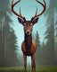 Placeholder: deer with antlers standing sideways, looking at viewer, realistic water color painted, among light colored tall simplified tree trunks, foggy, Easter Spring pastel colors, colorful, dark background