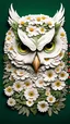 Placeholder: portrait of owl head made from a lot of beautiful white beautiful flowers pale colors smooth contrast, dark green background