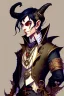 Placeholder: Young tiefling nobleman alchemist with black hair horns and large reptilian tail steampunk jewelry and potion bottles in the style of Charles Addams