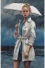 Placeholder: Standing in the grey-north sea with white clothes. Girl with a bun. Rains heavily. You see her face, blues eyes and blond hair. She holds and umberella. Pop-art. Umberella is petrol blue. You see her whole body. The rain paints her jacket blue. The rain under the umbrella is actual blue paint. Paint stains on clothes. You see her whole body standing in the sea. paint paint paint only uder the umbrella.