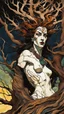 Placeholder: Egon Schiele, Abraham Rattner style abstract expressionist, full body comic book illustration of a pagan druid priestess, bristlecone pine sculpture , dark and dry branches, harmony, intricately detailed, highly detailed facial features, ethereal, otherworldly, the smell of the ancient essence of eternity in vibrant natural color