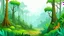 Placeholder: Cartoon illustration for children: Cenozoic misty rainforest, with prehistoric trees and a volcano